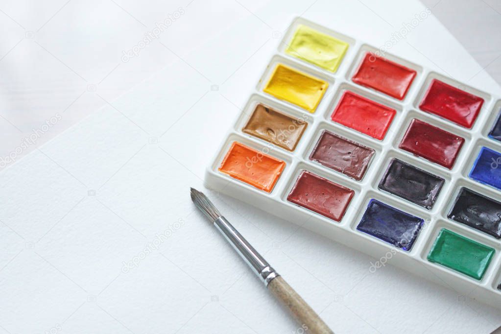 Watercolors, brushes for drawing. Hobbies and creativity
