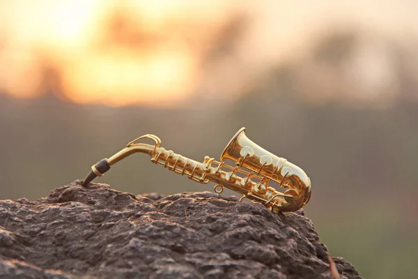 The golden alto saxophone lies on a black stone, against a backg — Stock Photo, Image