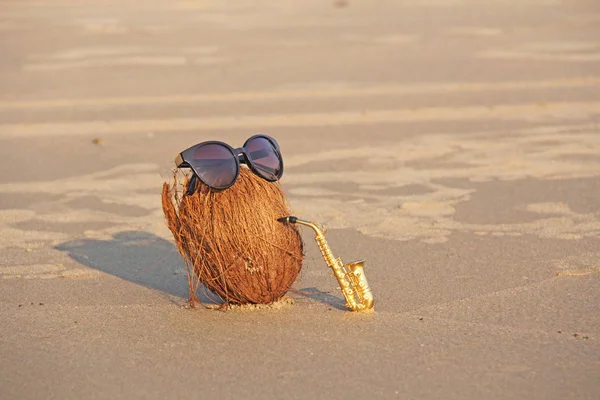 サングラスをかけたビーチのココナッツが金のアルトの上で遊ぶ — ストック写真