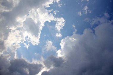 Mavi gökyüzü, beyaz bulutlar ve güneş