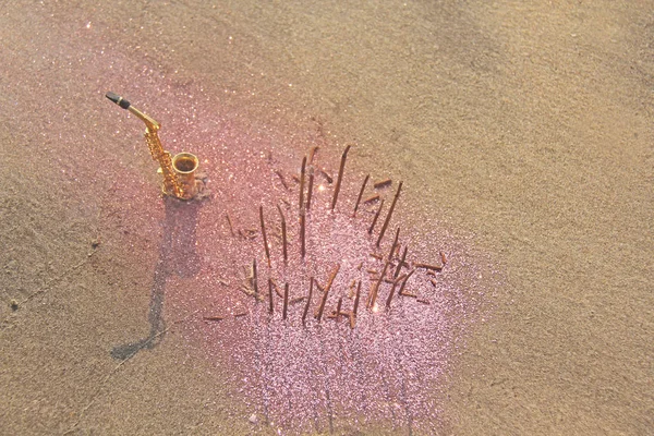 De gouden saxofoon alto staat op het zand naast de fragran — Stockfoto