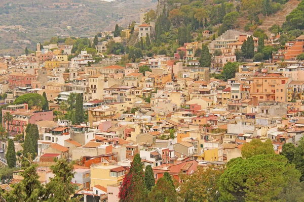 Beautiful Scenic View of Taormina's Old Town. Terracotta Old Anc