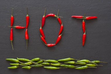 Siyah karanlık arka planda kelime sıcak kırmızı sıcak Chili Peppers