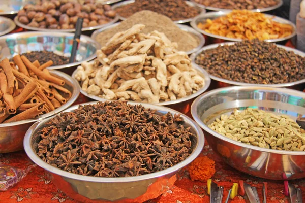 Hint baharatları. Spices Hindistan piyasada satılmaktadır. Badyan, cinn — Stok fotoğraf