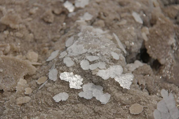 Pieces of salt lie on the sand. Macro. Lake Baskunchak, Russia — Stock Photo, Image