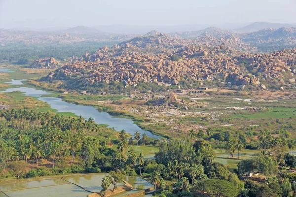 Green rice fields, palms and river Tungabhadra in the village of