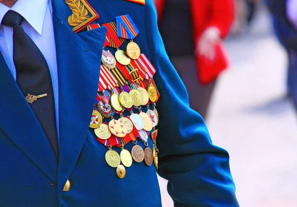 Awards and medals on the chest on Victory Day, Russia — Stock Photo, Image