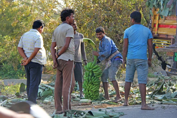 Índia, Hampi, 31 de janeiro de 2018. Homens estão carregando grande bana verde — Fotografia de Stock