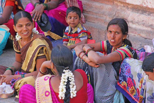 India, Hampi, 01 February 2018. A group of Indian women smiling 