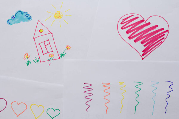 Children's drawings, scribbles, painted house, flowers, sun and cloud, red heart and simple lines. Creativity, drawing for children, design.