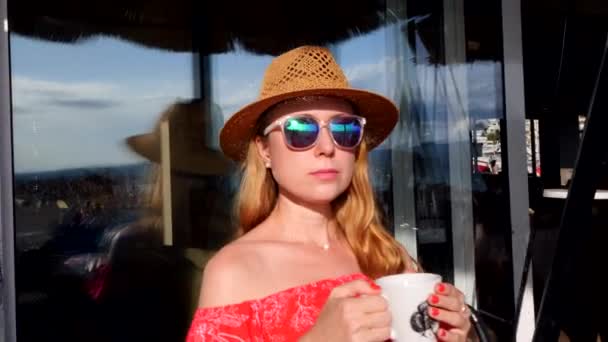 Young Girl Blond Long Hair Red Dress Straw Hat Sunglasses — Stock Video