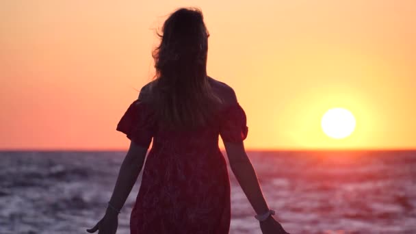 Σιλουέτα Λεπτής Νεαρής Κοπέλας Στο Ηλιοβασίλεμα Φόντο Τον Ήλιο Θάλασσα — Αρχείο Βίντεο