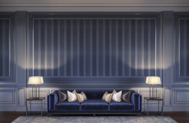 Bir kanepe ve çizgili duvar kağıdı ile mavi tonlarda çağdaş iç. 3D render