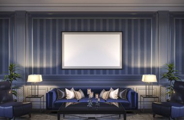 Bir kanepe ve çizgili duvar kağıdı ile mavi tonlarda çağdaş iç. 3D render