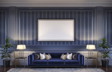 Bir kanepe ve çizgili duvar kağıdı ile mavi tonlarda çağdaş iç. 3D render