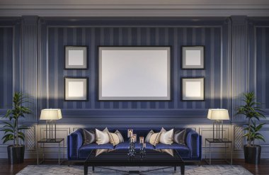 Bir kanepe ve çizgili duvar kağıdı ile mavi tonlarda çağdaş iç. 3D render