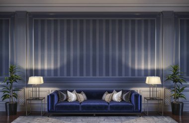 Bir kanepe ve çizgili duvar kağıdı ile mavi tonlarda çağdaş iç. 3D render