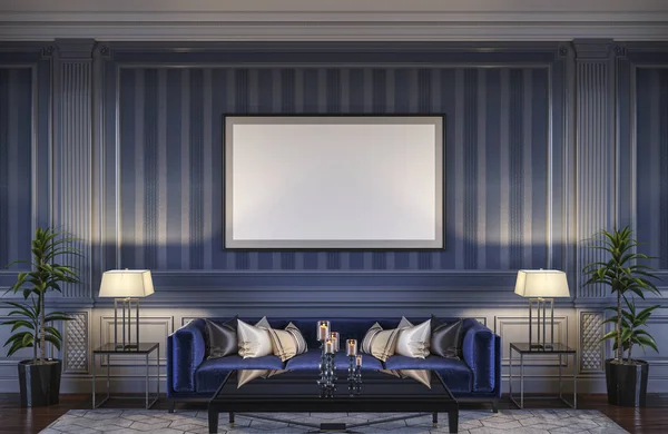 Eigentijds interieur in blauwe tinten met een bank en gestreept behang. 3D-rendering — Stockfoto