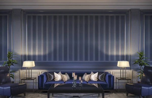 Contemporary interior in blue tones with a sofa and striped wallpaper. 3d rendering