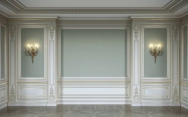  lassic iç ahşap duvar panelleri, Aplikler ve niş ile zeytin renklerde. 3D render.