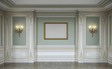  lassic iç ahşap duvar panelleri, aplikler, çerçeve ve niş ile zeytin renklerde. 3D render.