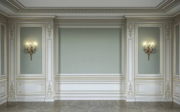 Lassic interieur in olijf kleuren met houten wandpanelen, schansen en niche. 3D-rendering. — Stockfoto