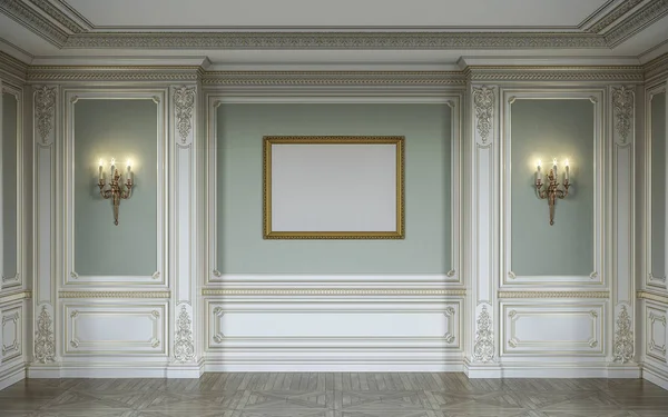 Lassic interior in olive colors with wooden wall panels, sconces, frame and niche. 3d rendering. — Stock Image Lassic interior in olive colors with wooden wall panels, sconces, frame and niche. 3d rendering. Royalty Free Stock Images
