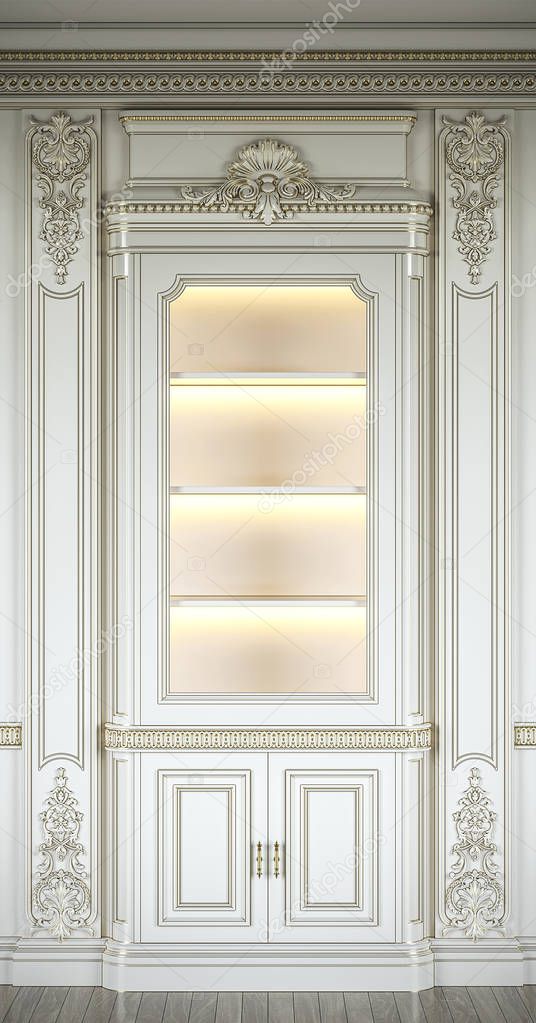Single-leaf display case in a classic style with gilding and lighting. 3d rendering.