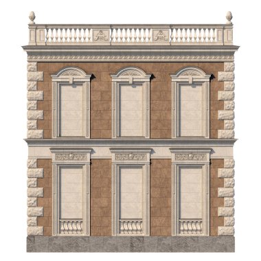 Işık renkleri ve kahverengi taş nişler ile klasik bir evin cephe. 3D render