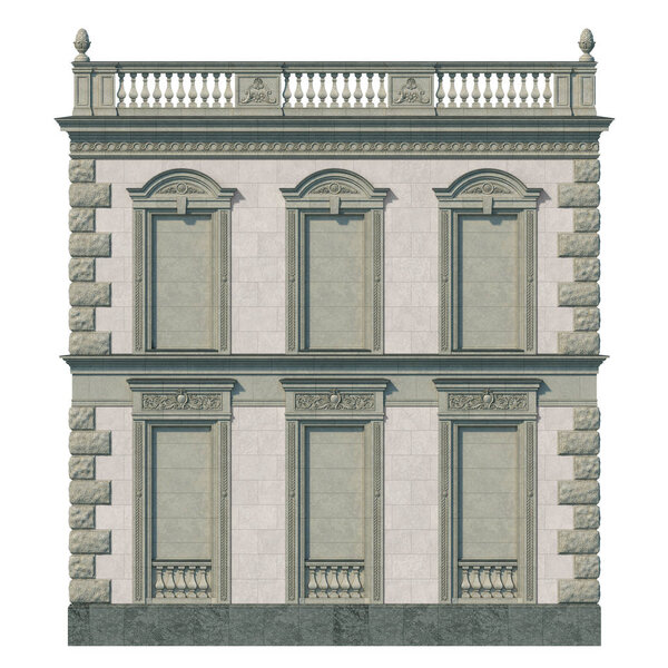 Фасад классического дома с нишами в оливковых тонах и светлым камнем. 3d-рендеринг
