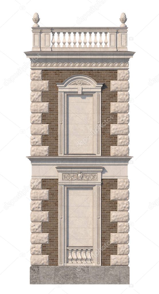 The facade of the house in the classical style of brown brick with niches in bright colors. 3d rendering.