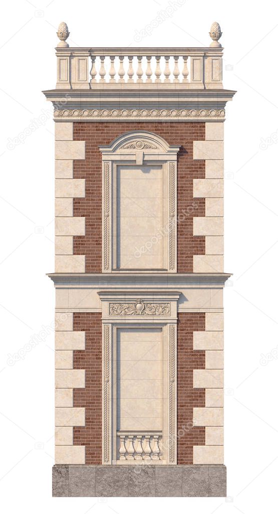 The facade of the house in the classical style of red brick with niches in bright colors. 3d rendering.