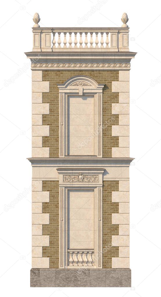 The facade of the house in the classical style of beige brick with niches in bright colors. 3d rendering.