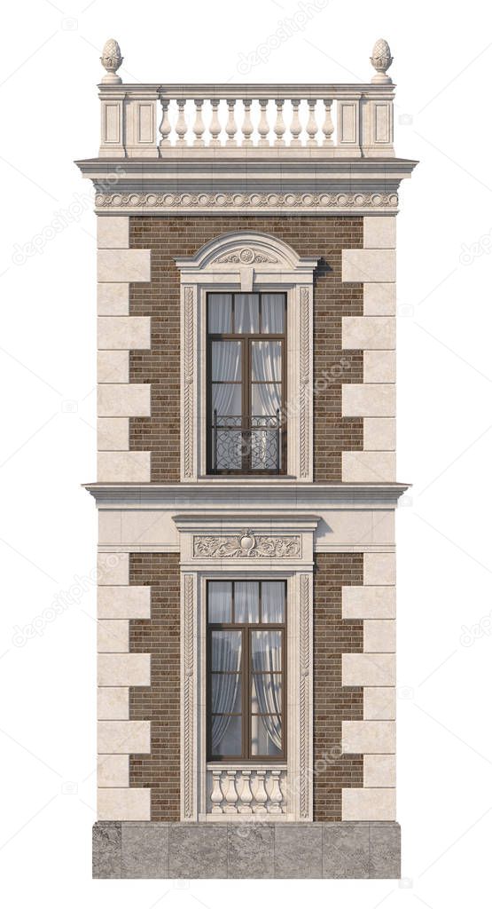 The facade of the house in the classical style of brown brick with windows. 3d rendering.