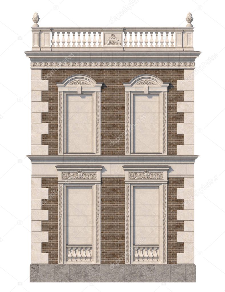 The facade of the house in the classical style of brown brick with niches in bright colors. 3d rendering.