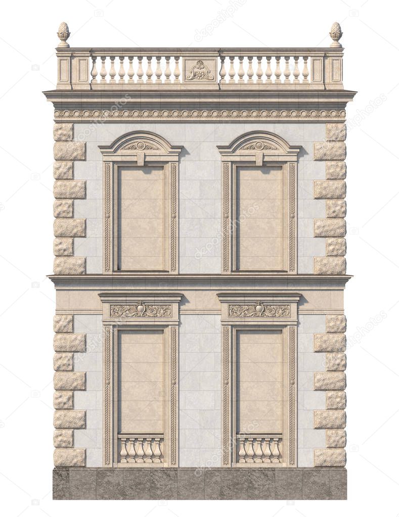 Facade of a classic house with niches in light colors. 3d rendering