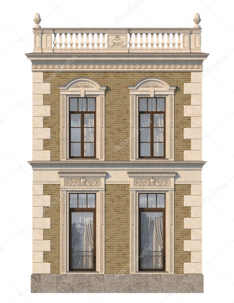 The facade of the house in the classical style of beige brick with windows. 3d rendering.