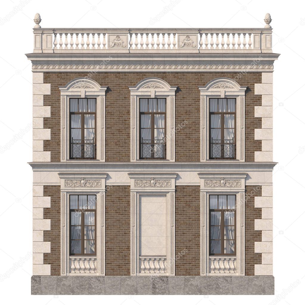 The facade of the house in the classical style of brown brick with niche and windows. 3d rendering.