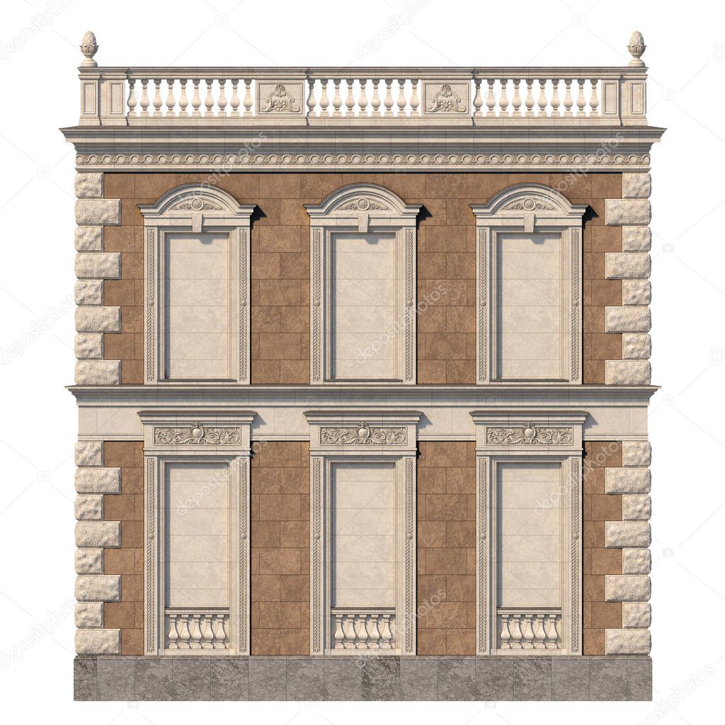Facade of a classic house with niches in light colors and brown stone. 3d rendering