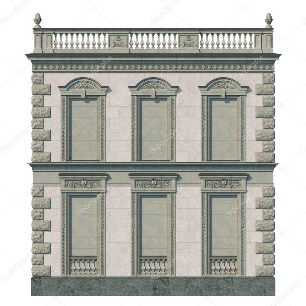 Facade of a classic house with niches in olive colors and light stone. 3d rendering