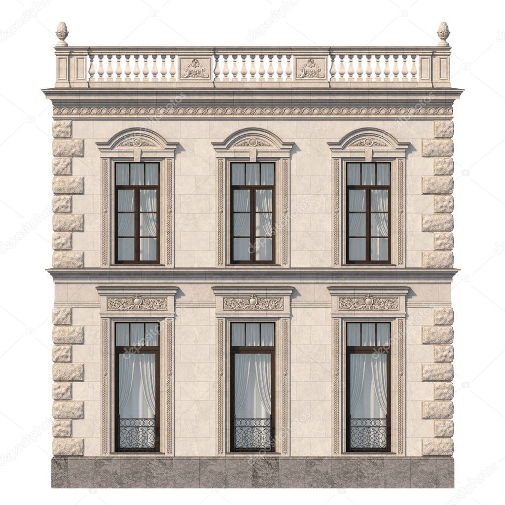 House in a classic style with a stone fasade in beige tones. 3d rendering