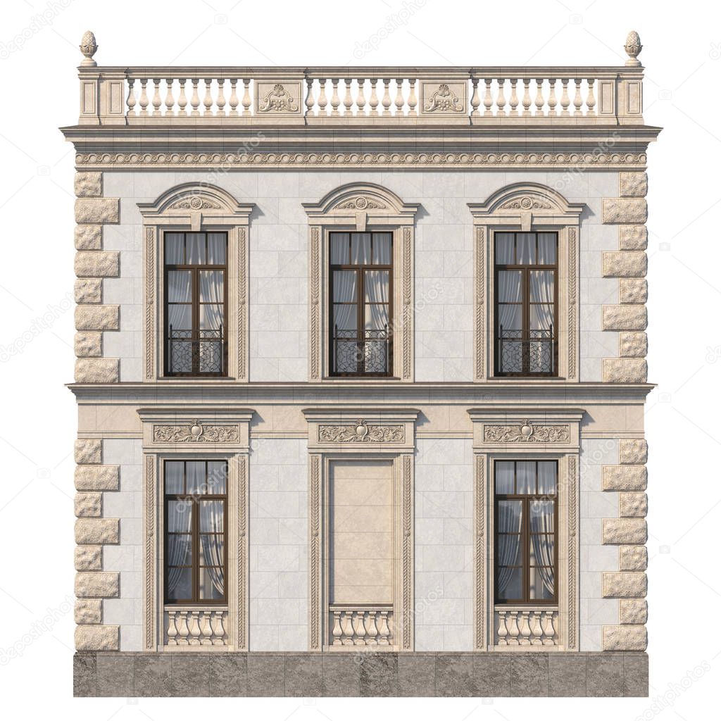 House in a classic style with a stone fasade in grey tones. 3d rendering