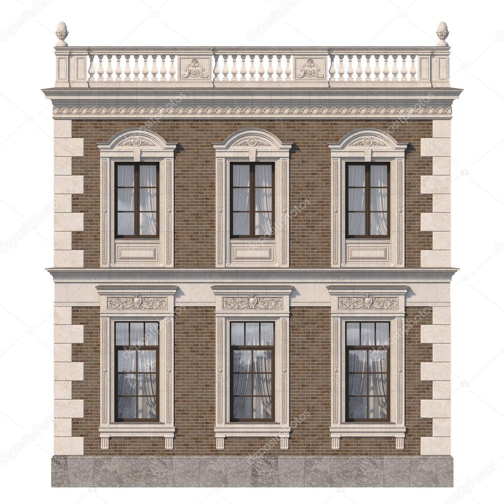 The facade of the house in the classical style of brown brick with windows. 3d rendering.