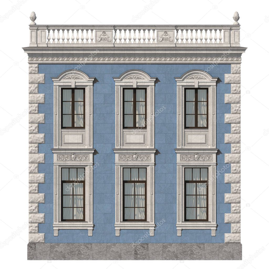 House in a classic style with a stone fasade in blue tones. 3d rendering