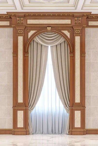 Curtains in a carved niche of wood in a classic style. — Stock Photo, Image