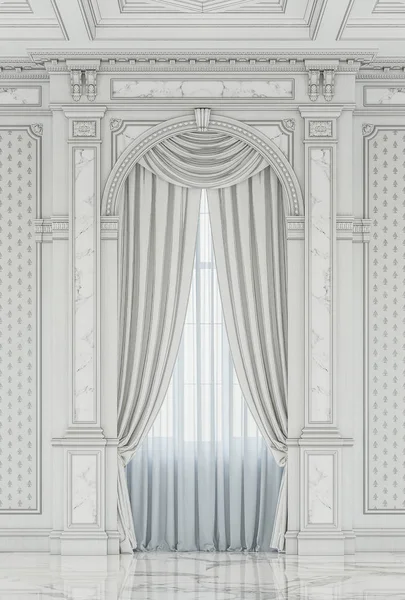 Gordijnen in een gesneden niche gemaakt van hout, die is wit geschilderd in een klassieke stijl. — Stockfoto