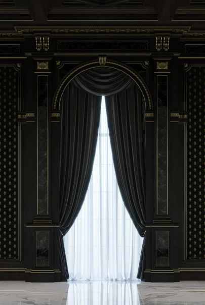 Curtains in a carved niche made of wood, painted black in a classic style. — Stock Photo, Image