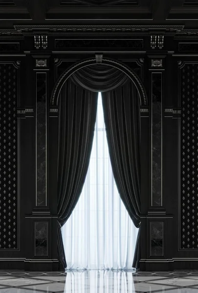 Cortinas em um nicho esculpido feito de madeira, pintado de preto em um estilo clássico . — Fotografia de Stock