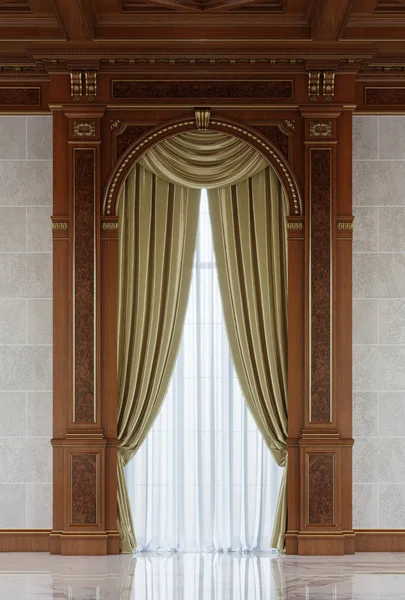 Curtains in a carved niche of wood in a classic style. — Stock Photo, Image