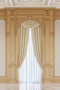 Curtains in a carved niche of wood in a classic style. 3d rendering clipart